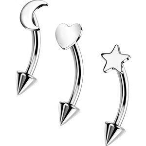 Women Silver 3Pack Titanium Rook Piercing Jewelry Heart Star Moon 16G Stylish